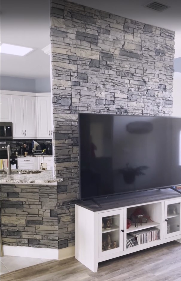 An Accent Wall & Breakfast Bar project using Northern Slate Stacked Stone panels.