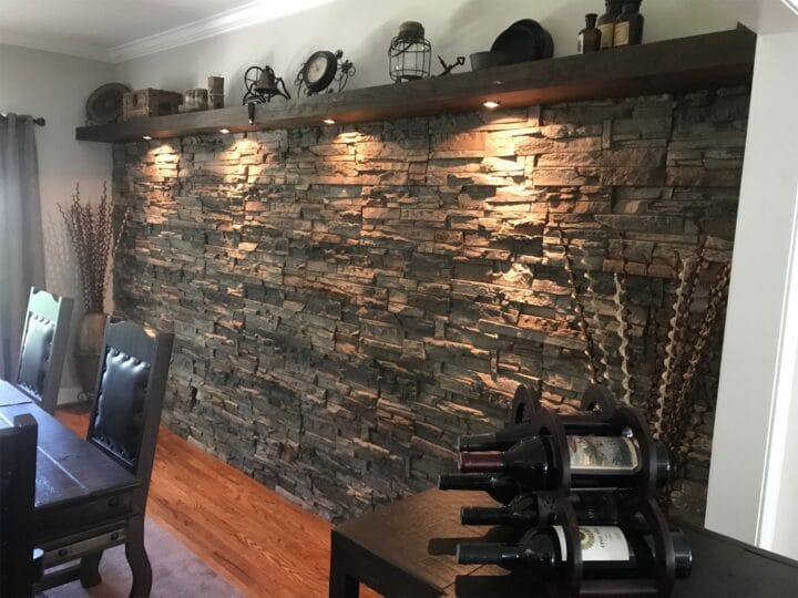 A dining room interior accent wall project completed with Kenai Stacked Stone panels.