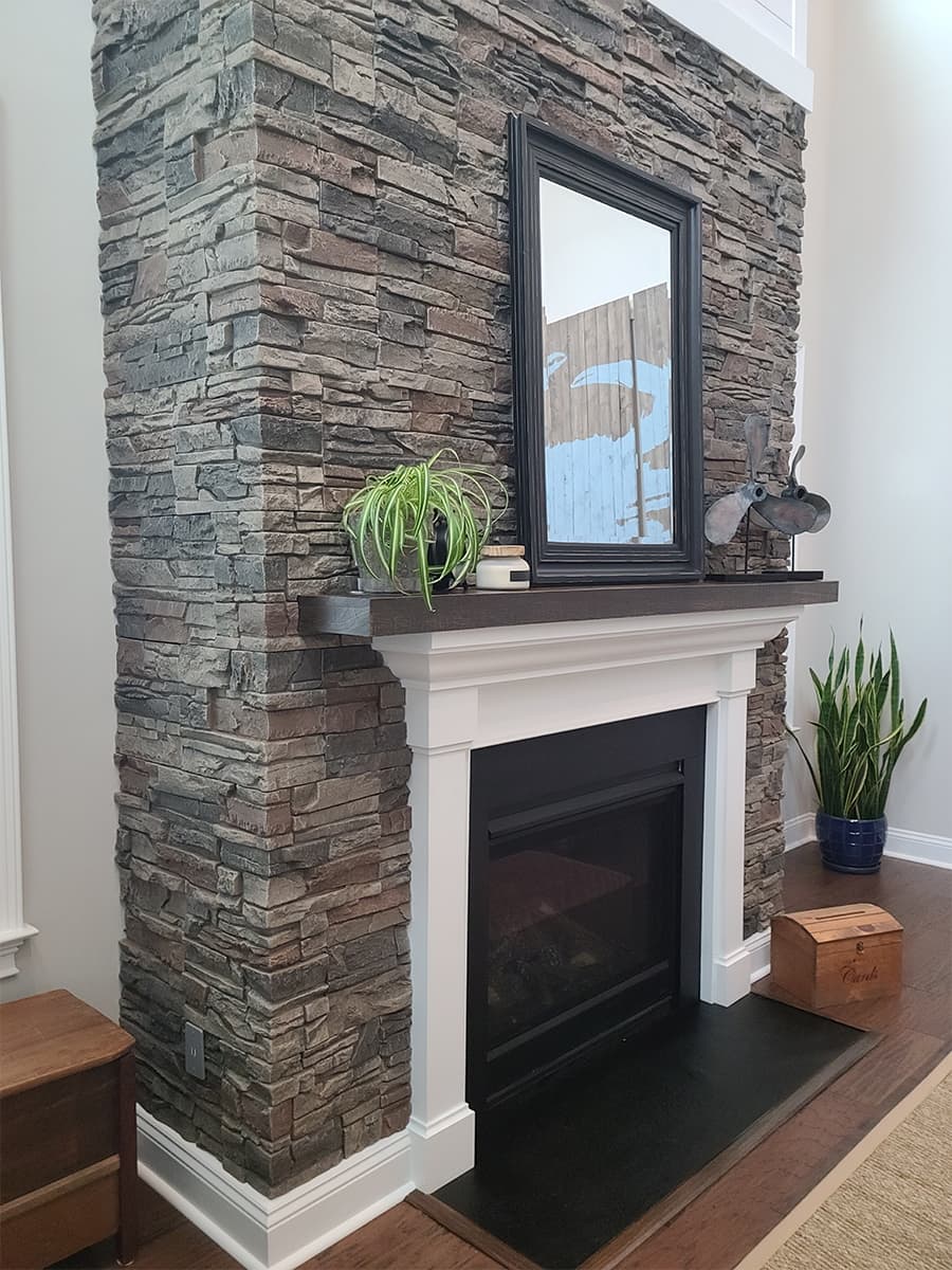 Faux Stone Fireplace No Mortar, How To Replace Tile Fireplace With Stone Veneer