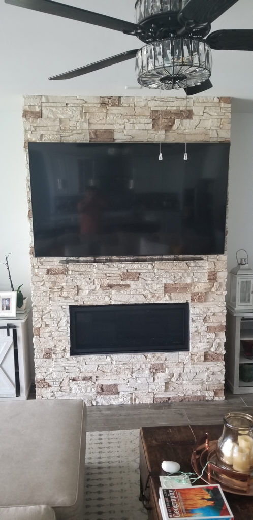 diy fireplace wall, faux stone TV wall