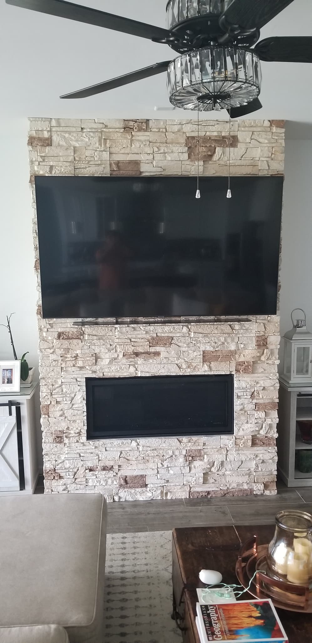 diy fireplace wall, faux stone TV wall