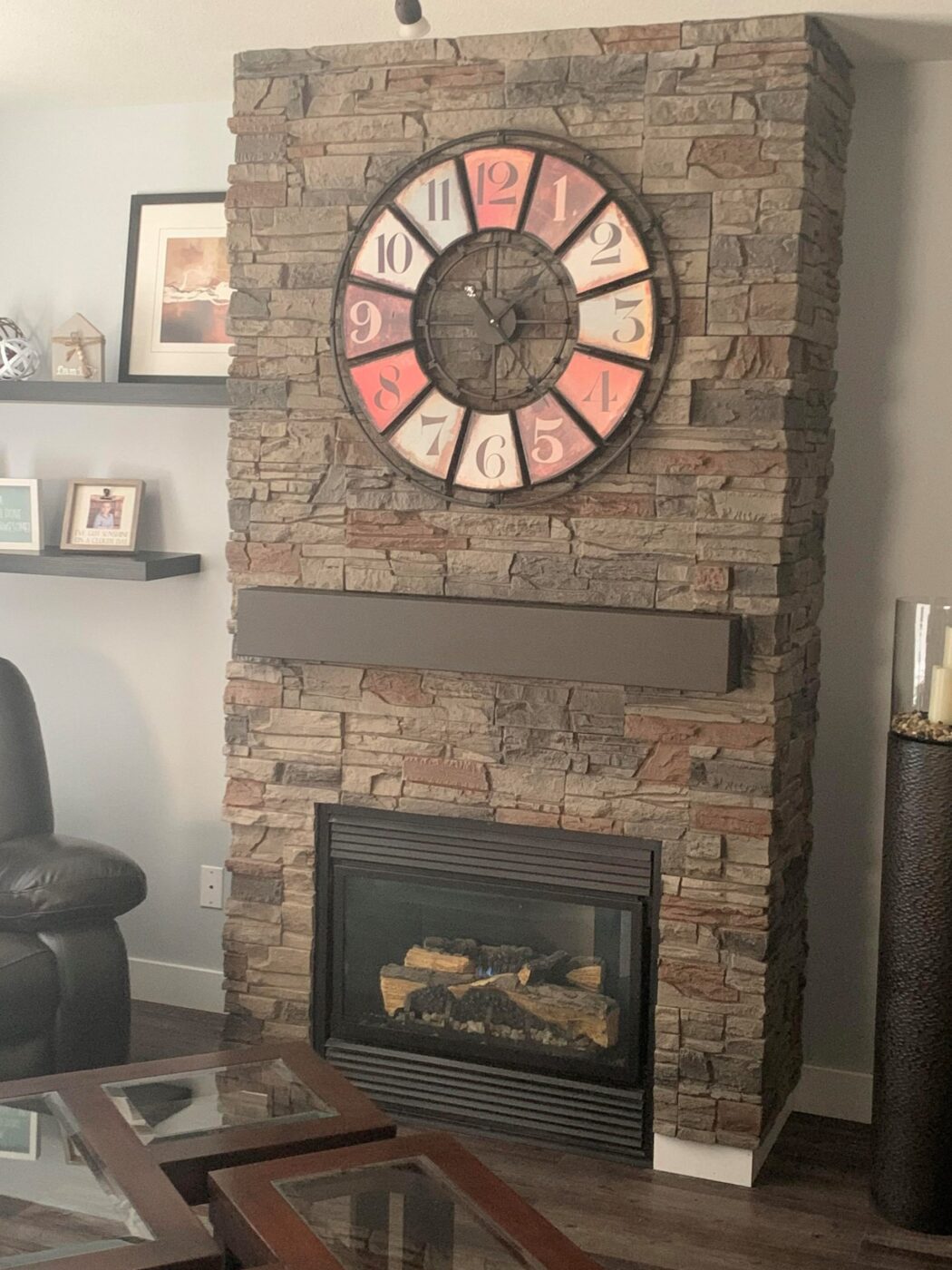 Kenai stacked stone fireplace wall