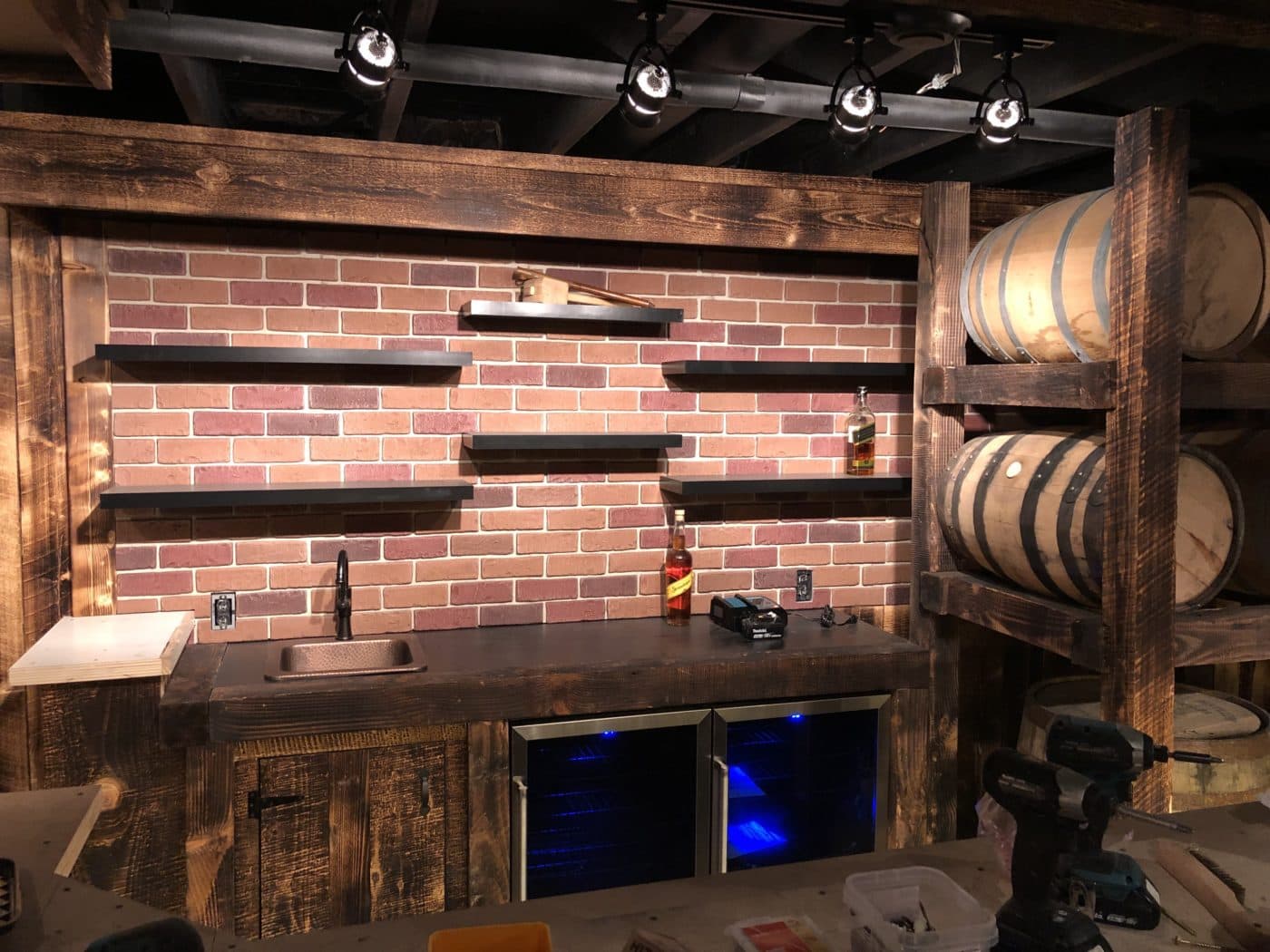 DIY brick veneer basement bar
