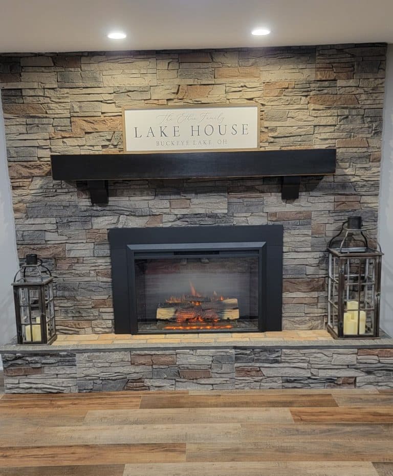 Kenai faux stone DIY fireplace remodel After
