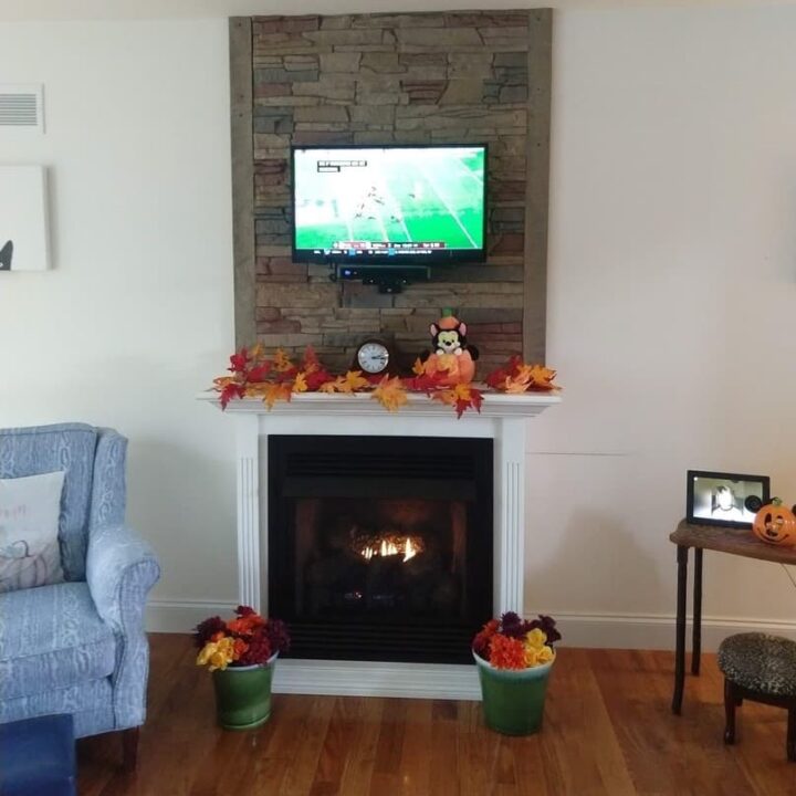 Stratford faux stone above the fireplace