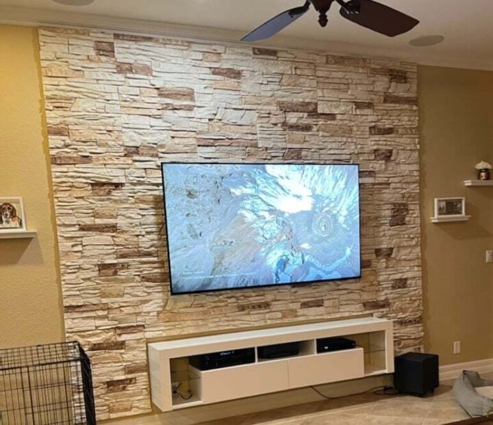 After Vanilla Bean stone veneer TV accent wall