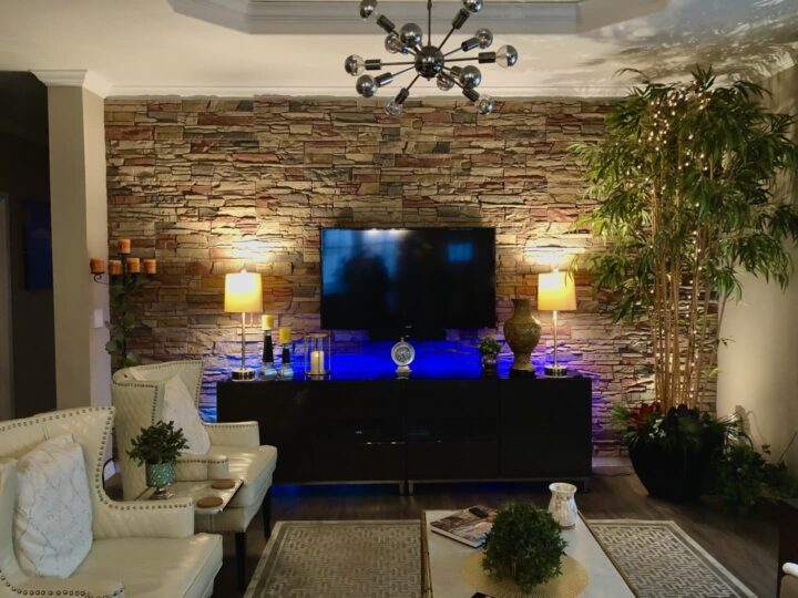 Desert Sunrise faux stone TV accent wall