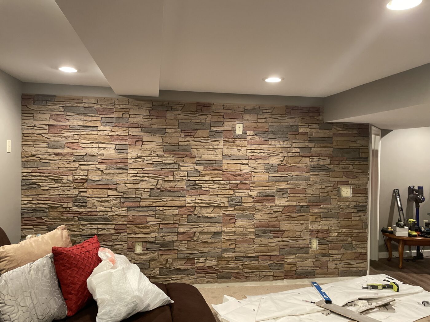 faux stone basement accent wall