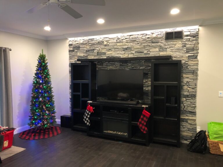 Northern Slate Stacked Stone entertainment center accent wall