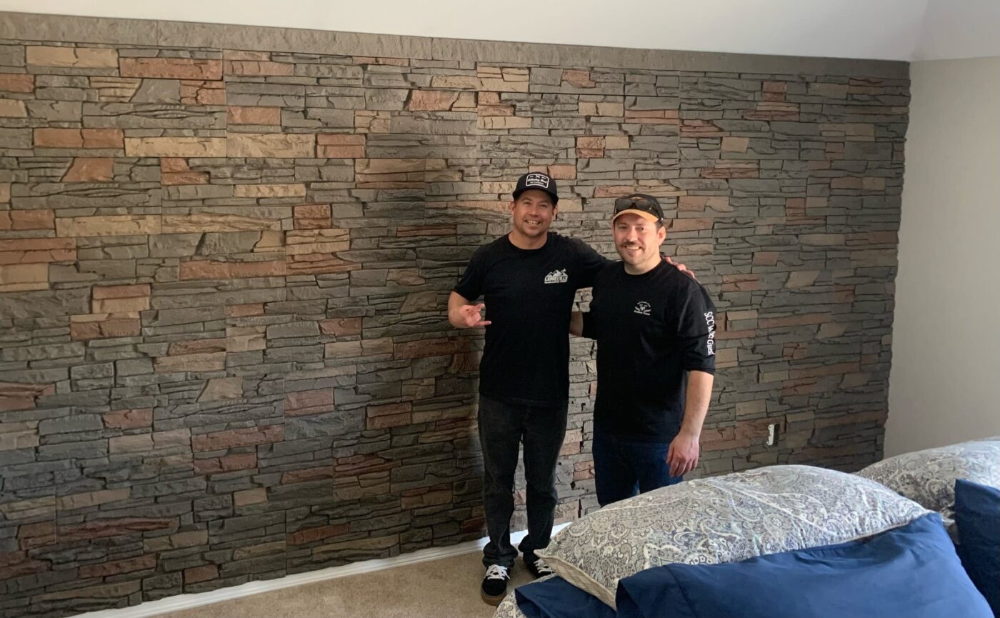 faux stone bedroom accent wall