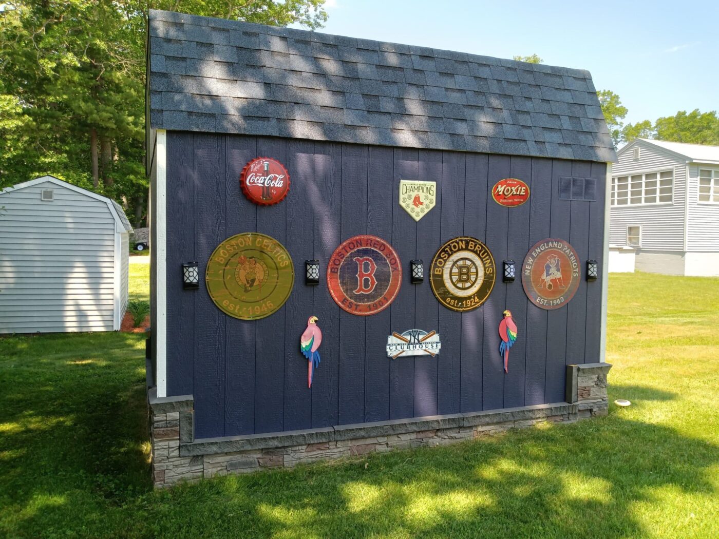 A she shed skirting project using Kenai faux stone panels.