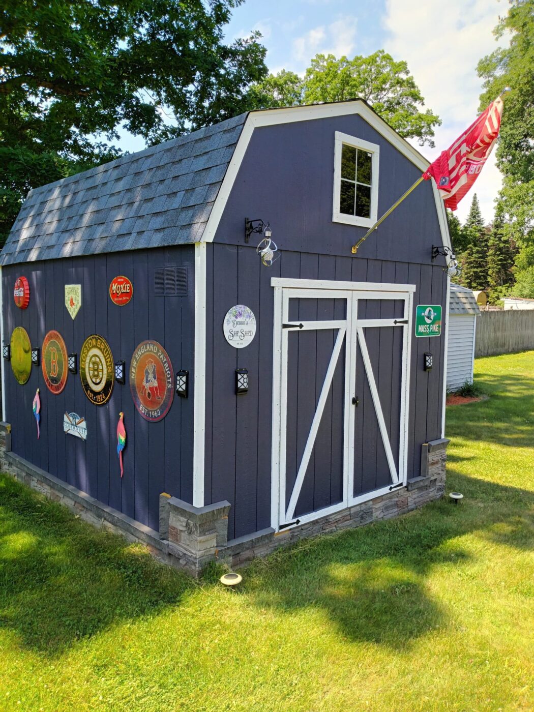 A she shed skirting project using Kenai faux stone panels.