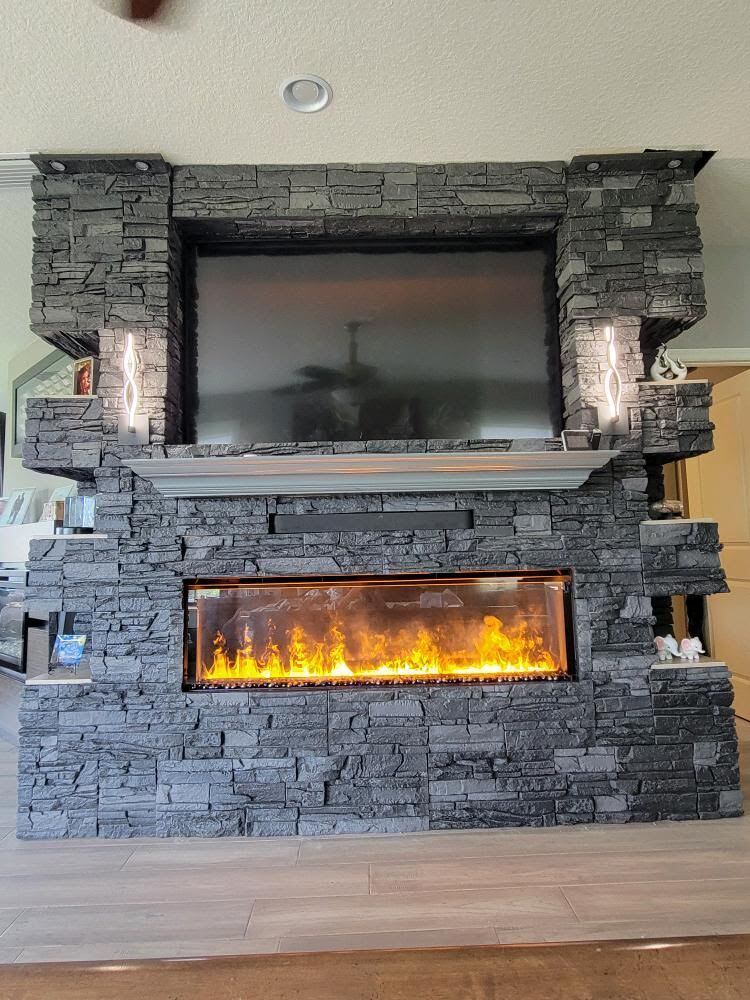 Iron Ore Stacked Stone Electric Fireplace Surround TV Wall