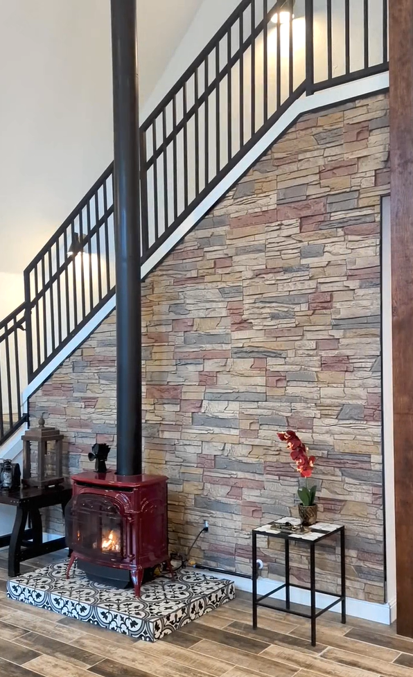 Desert Sunrise Stacked Stone DIY Wood Stove Accent Wall