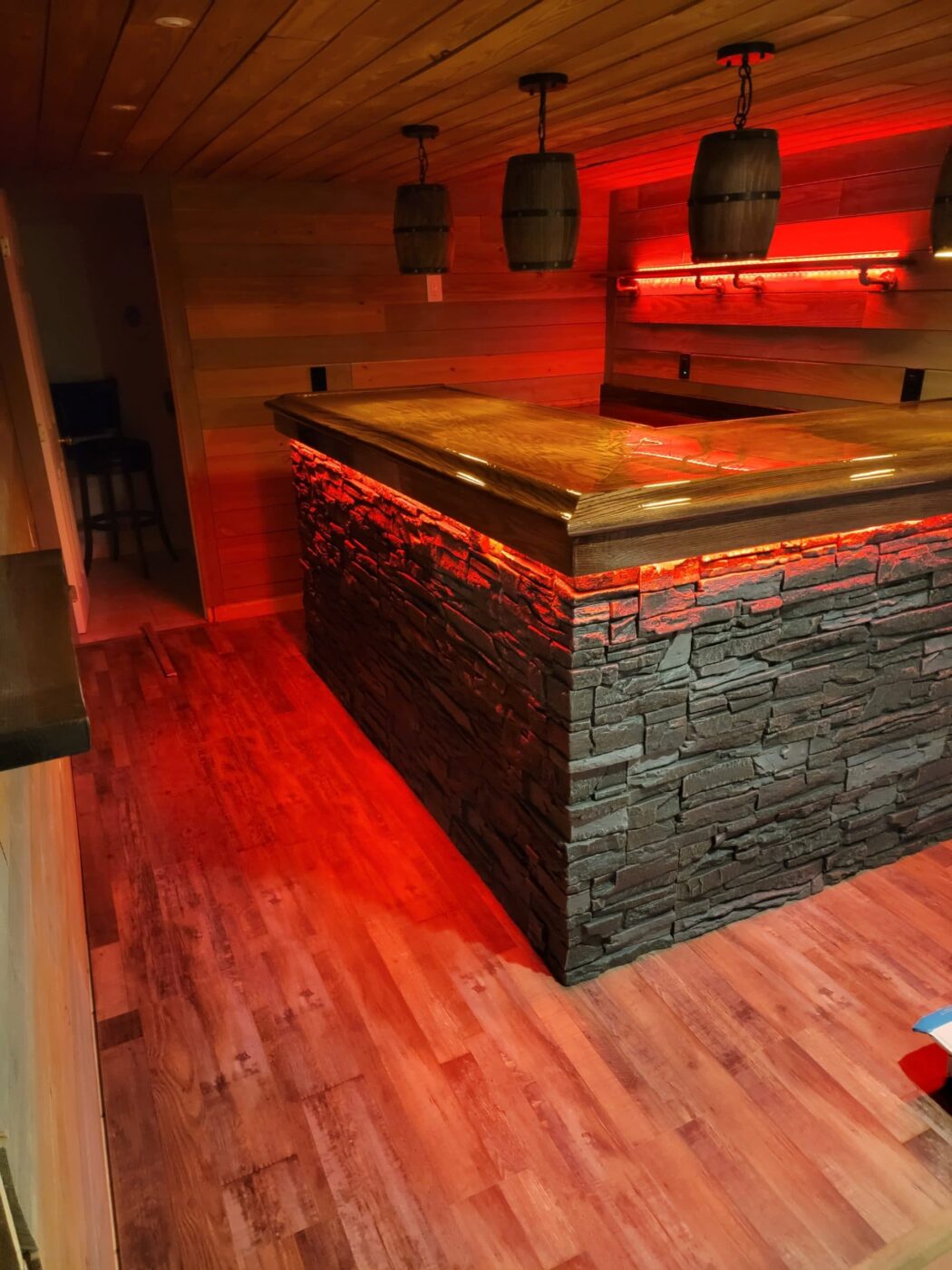 A home bar project using our Iron Ore Faux Stone and LED lights.