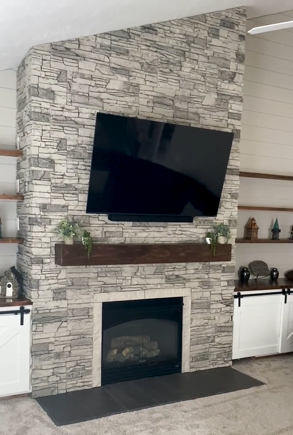 DIY Arctic Smoke Stacked Stone Fireplace Surround