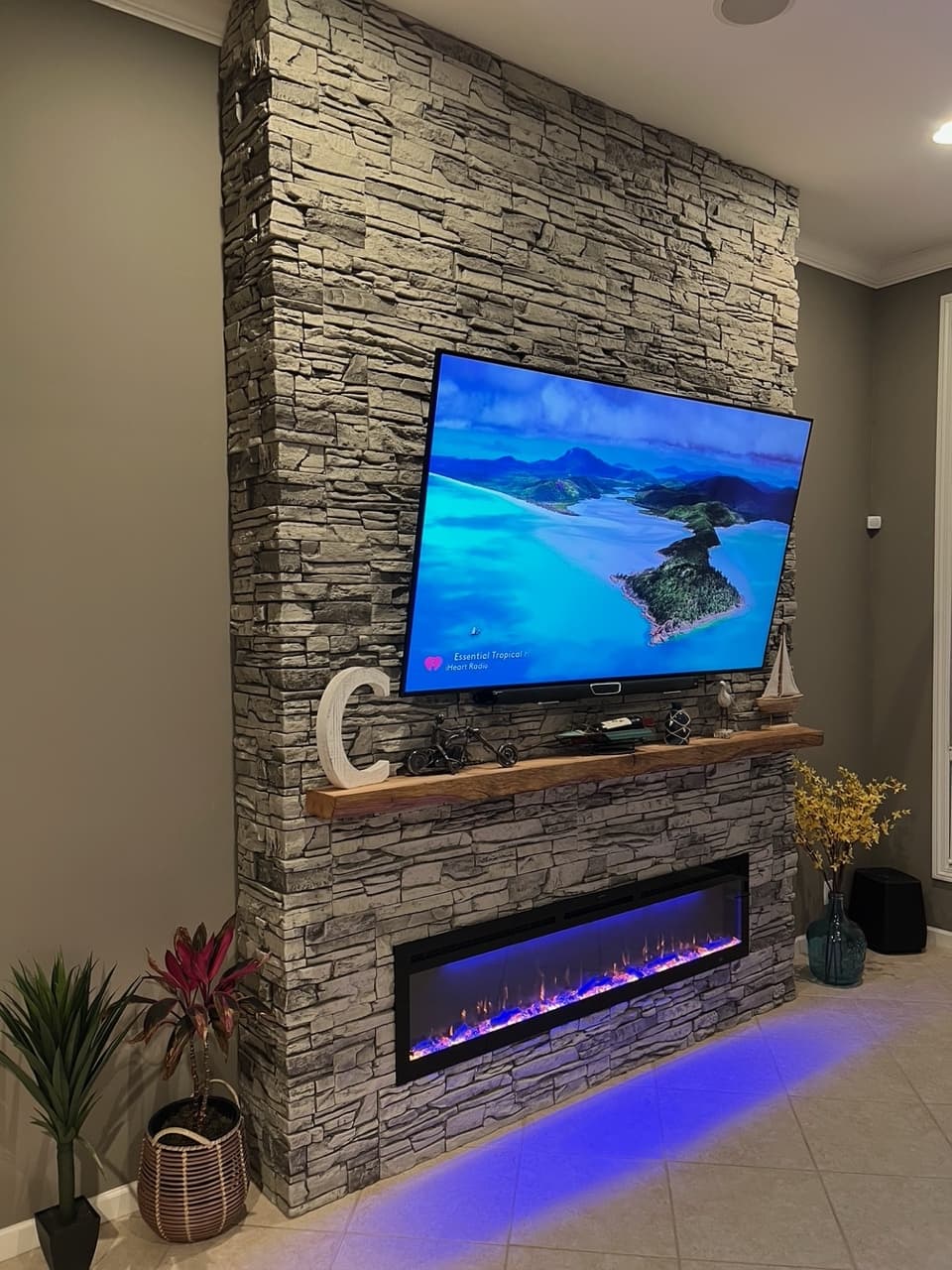 Northern Slate Stacked Stone Electric Fireplace & TV Wall Project
