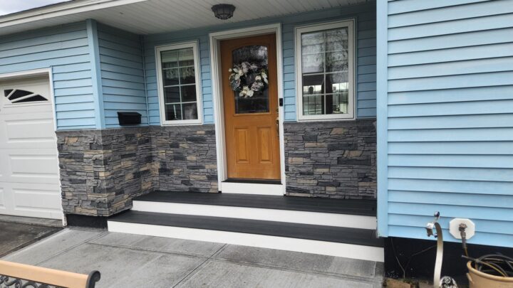 A DIY exterior wainscoting project made using GenStone's Northern Slate Stacked Stone.