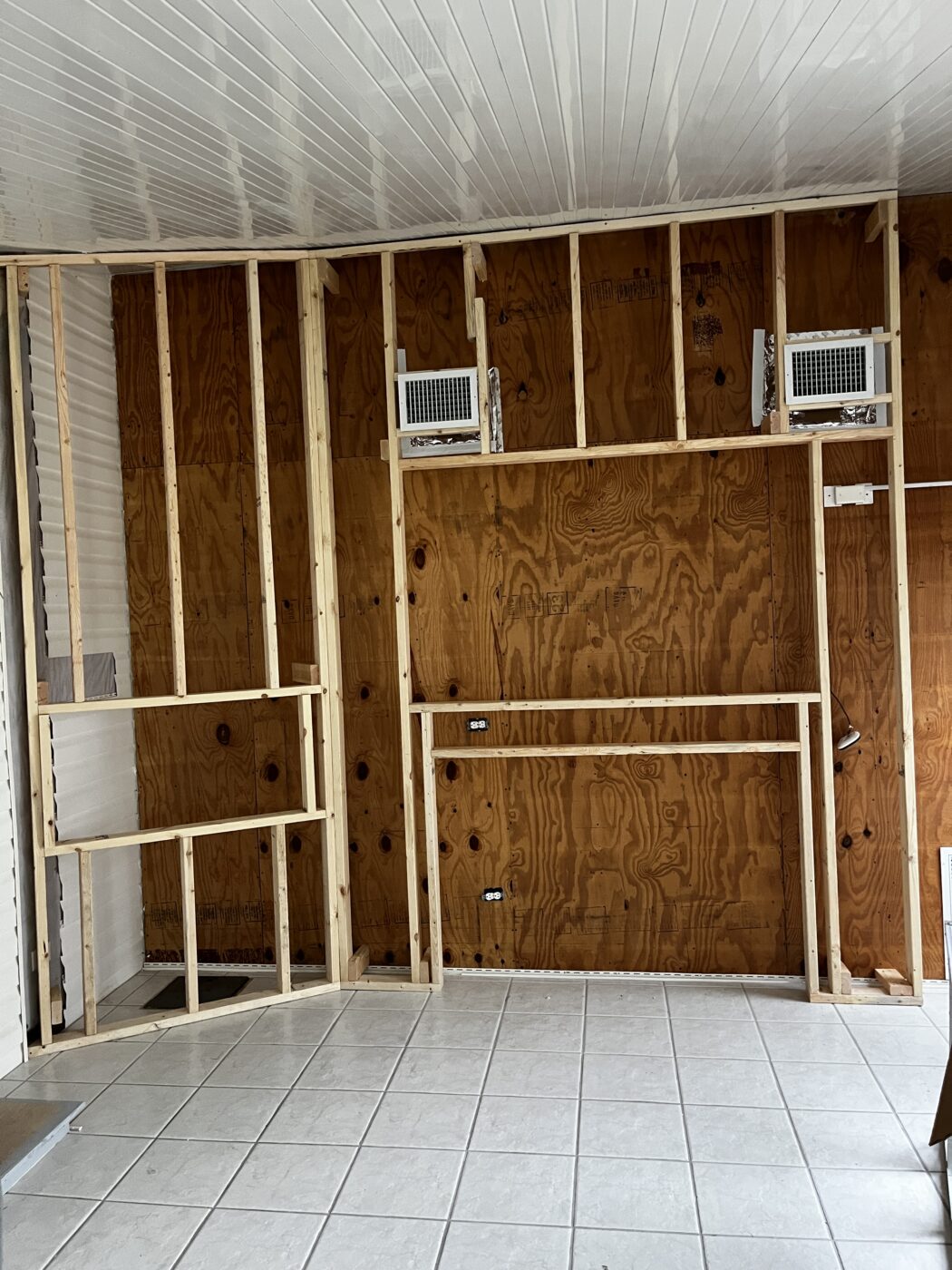 This is partially through the remodel Dan used his gray slate accent wall project.