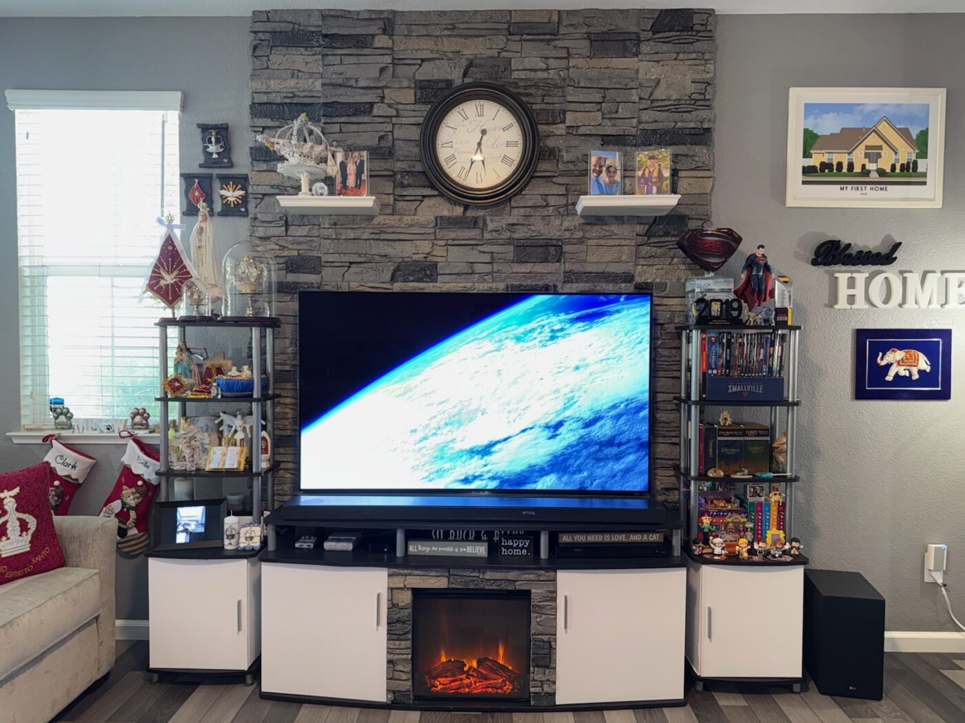Design a custom Northern Slate faux stone entertainment center that adds depth, texture, and a striking focal point using GenStone panels.